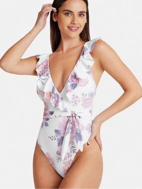 Cupshe White Floral Ruffle One-Piece Swimsuit